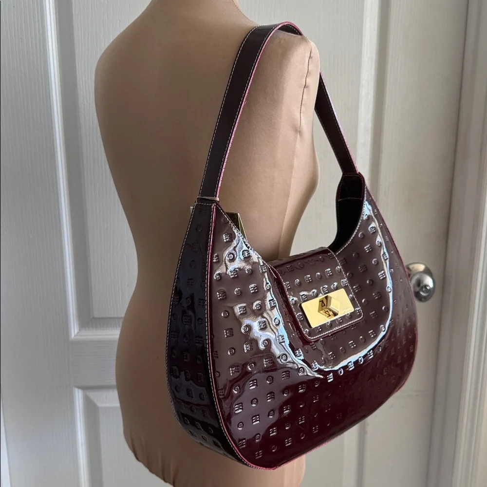ARCADIA  PATENT LEATHER SHOULDER HOBO HANDBAG RED MADE in ITALY